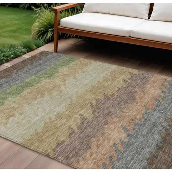 Chocolate Gray And Green Striped Washable Indoor Outdoor Area Rug Photo 1