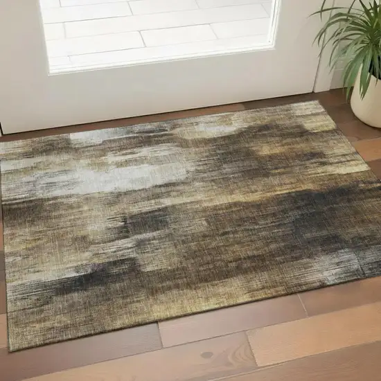 Chocolate Gray And Ivory Abstract Washable Area Rug With UV Protection Photo 1