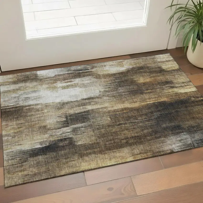 Chocolate Gray And Ivory Abstract Washable Area Rug With UV Protection Photo 1