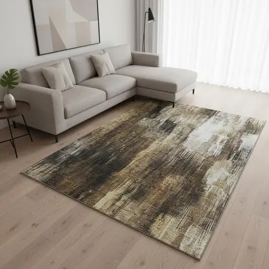 Chocolate Gray And Ivory Abstract Washable Area Rug With UV Protection Photo 2