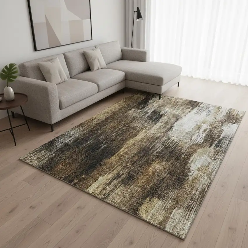 Chocolate Gray And Ivory Abstract Washable Area Rug With UV Protection Photo 2