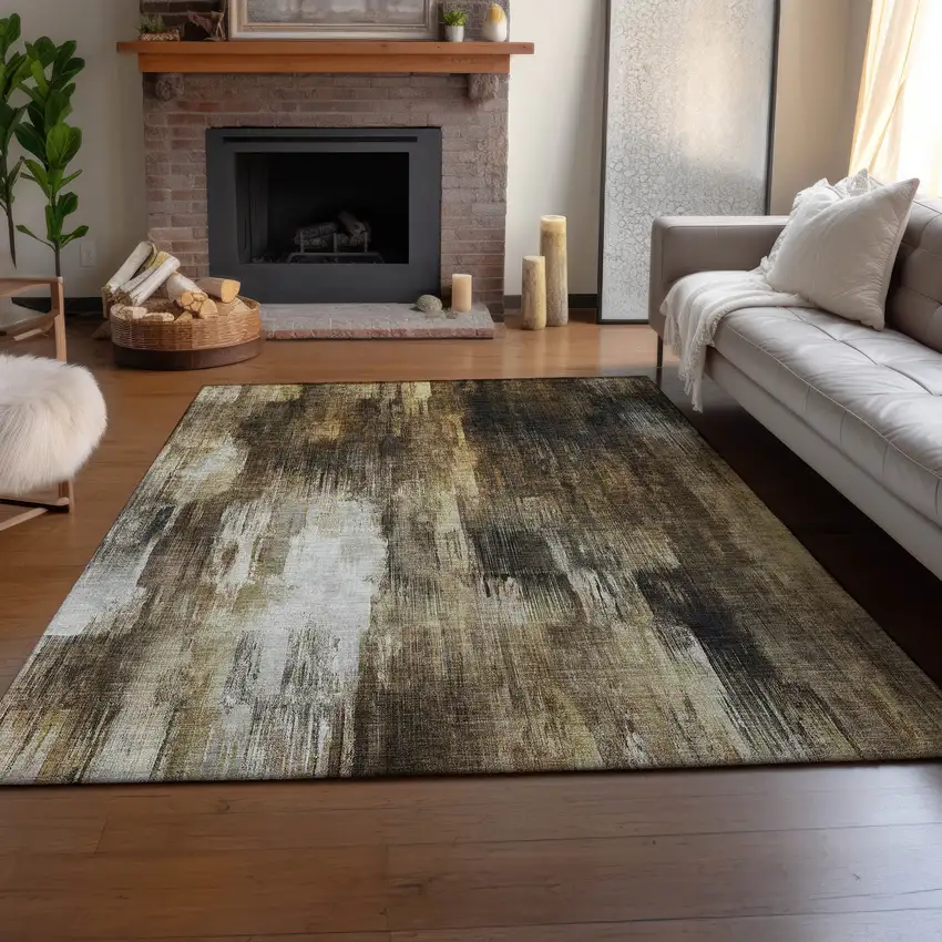 Chocolate Gray And Ivory Abstract Washable Area Rug With UV Protection Photo 5