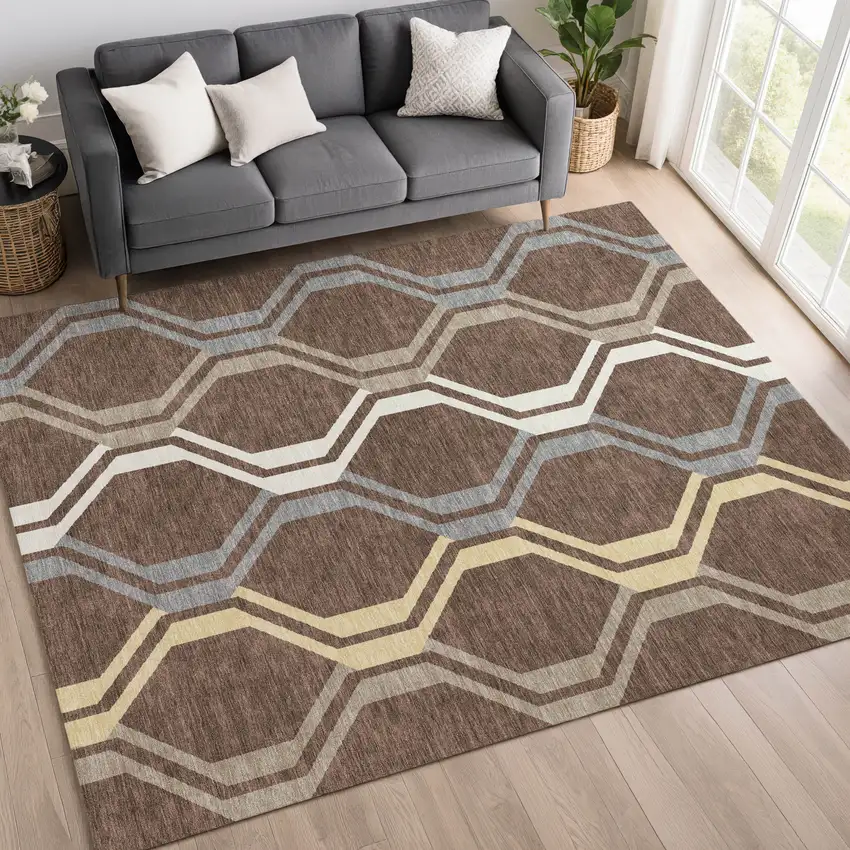 Chocolate Gray And Ivory Geometric Washable Indoor Outdoor Area Rug Photo 9