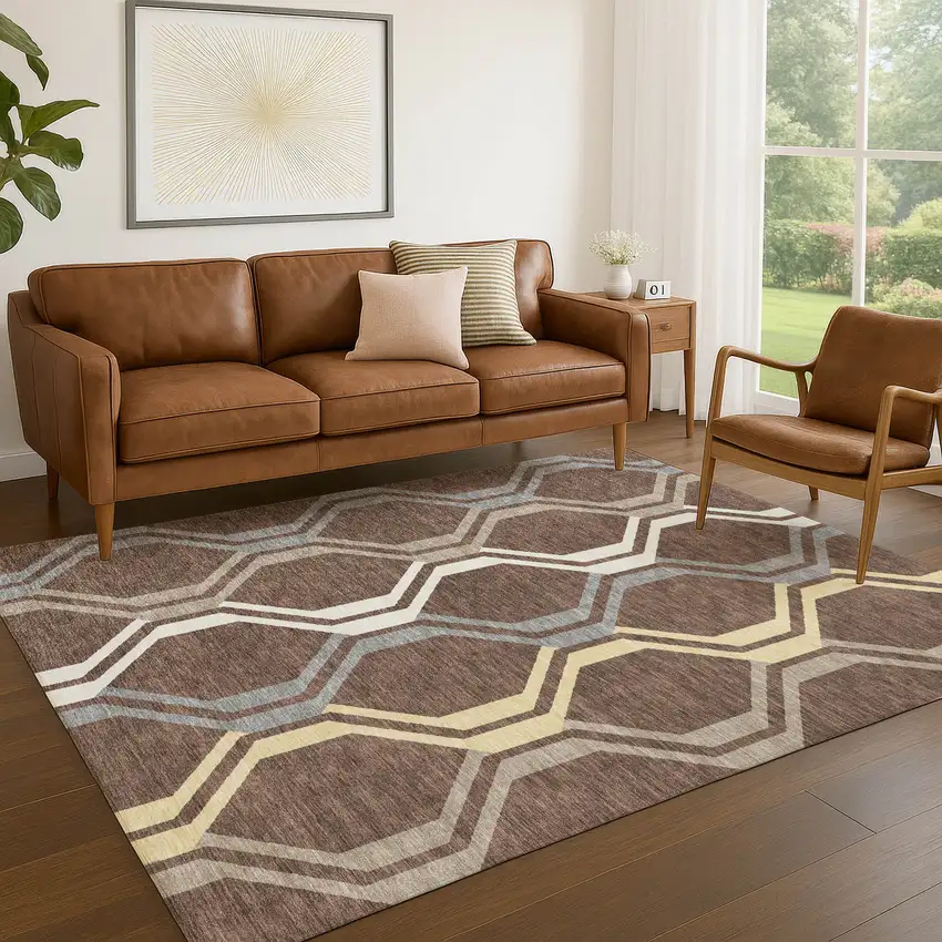 Chocolate Gray And Ivory Geometric Washable Indoor Outdoor Area Rug Photo 9
