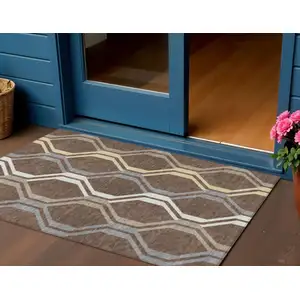 Photo of Chocolate Gray And Ivory Geometric Washable Indoor Outdoor Area Rug