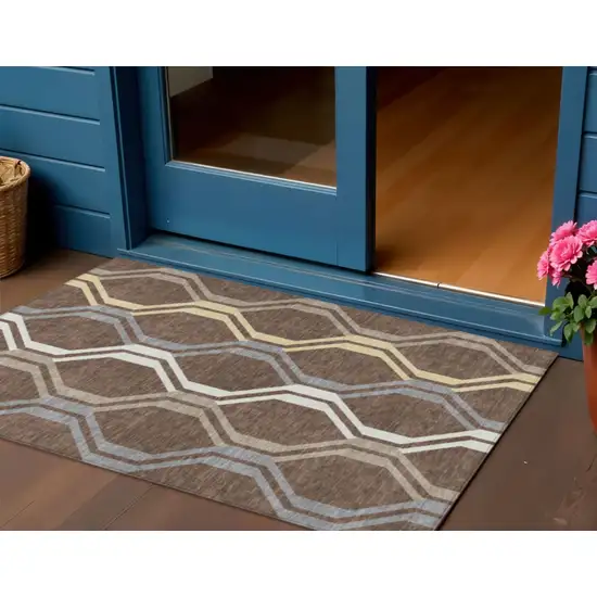 Chocolate Gray And Ivory Geometric Washable Indoor Outdoor Area Rug Photo 1