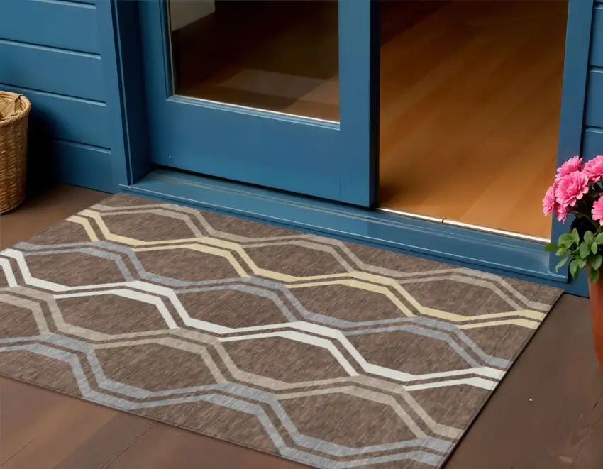 Chocolate Gray And Ivory Geometric Washable Indoor Outdoor Area Rug Photo 1