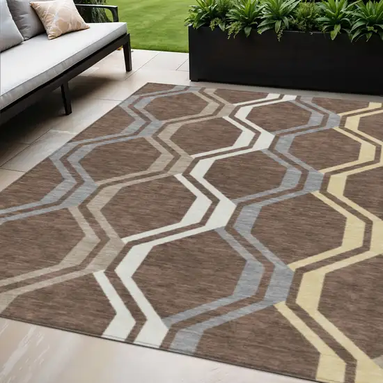 Chocolate Gray And Ivory Geometric Washable Indoor Outdoor Area Rug Photo 1