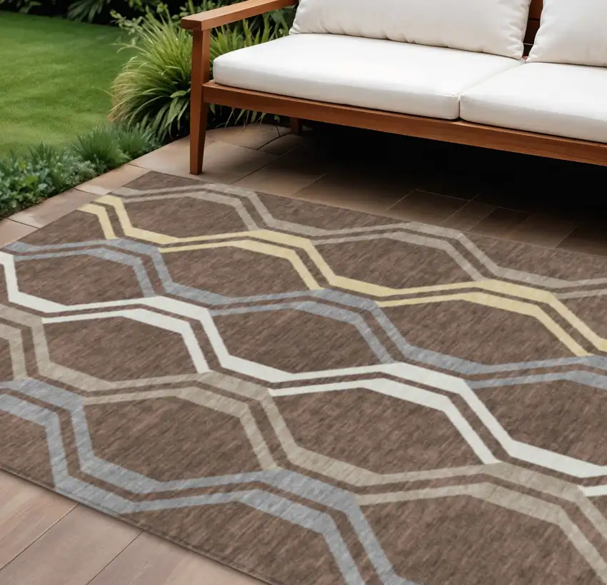 Chocolate Gray And Ivory Geometric Washable Indoor Outdoor Area Rug Photo 1