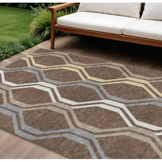 Chocolate Gray And Ivory Geometric Washable Indoor Outdoor Area Rug Photo 1