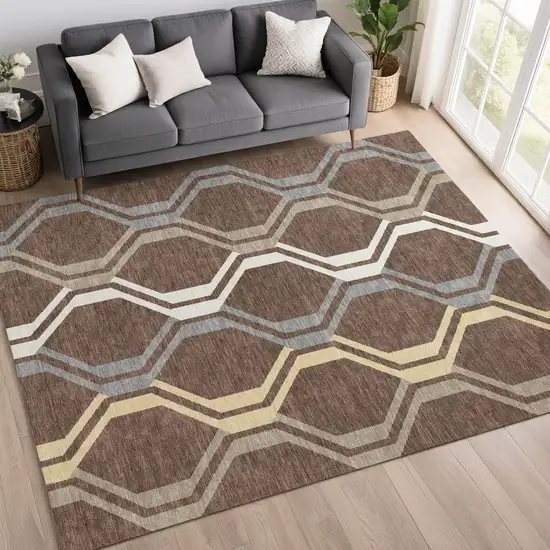 Chocolate Gray And Ivory Geometric Washable Indoor Outdoor Area Rug Photo 9