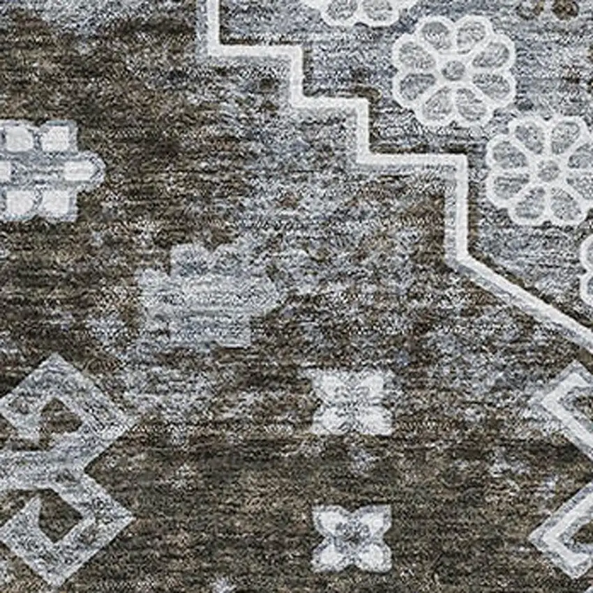 Chocolate Gray And Ivory Medallion Washable Area Rug With UV Protection Photo 3