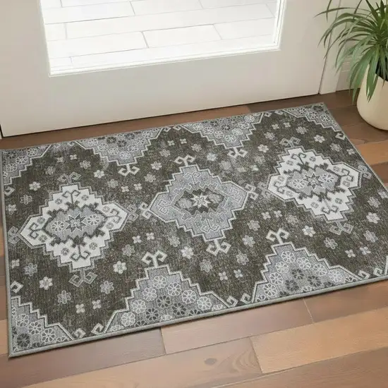 Chocolate Gray And Ivory Medallion Washable Area Rug With UV Protection Photo 2
