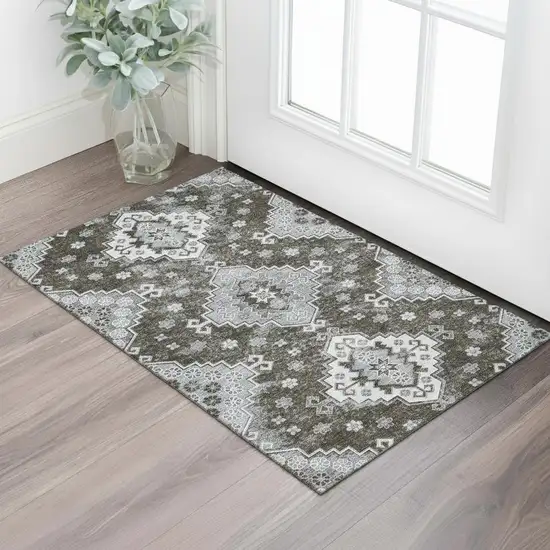Chocolate Gray And Ivory Medallion Washable Area Rug With UV Protection Photo 1