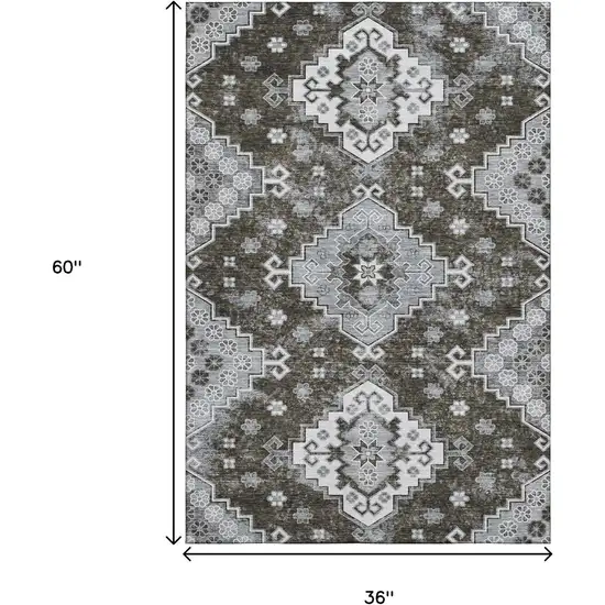 Chocolate Gray And Ivory Medallion Washable Area Rug With UV Protection Photo 3
