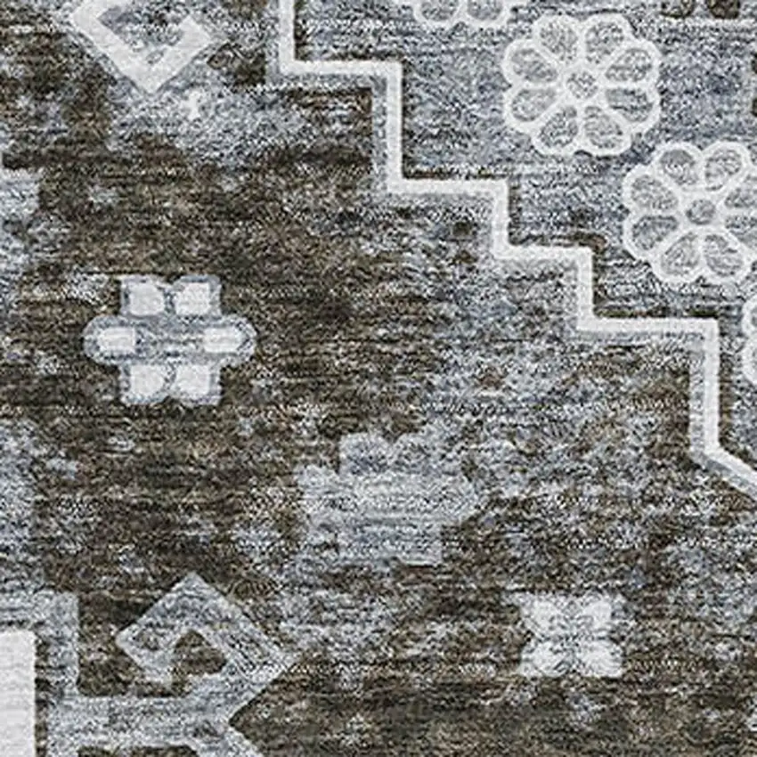 Chocolate Gray And Ivory Medallion Washable Area Rug With UV Protection Photo 3