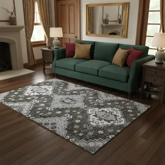 Chocolate Gray And Ivory Medallion Washable Area Rug With UV Protection Photo 2