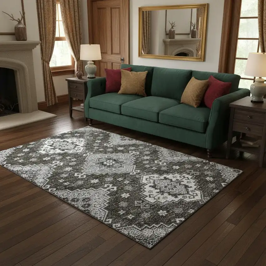 Chocolate Gray And Ivory Medallion Washable Area Rug With UV Protection Photo 2