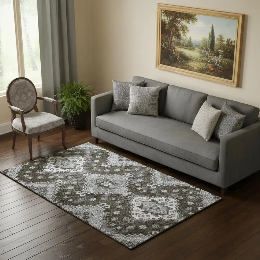 Chocolate Gray And Ivory Medallion Washable Area Rug With UV Protection Photo 1