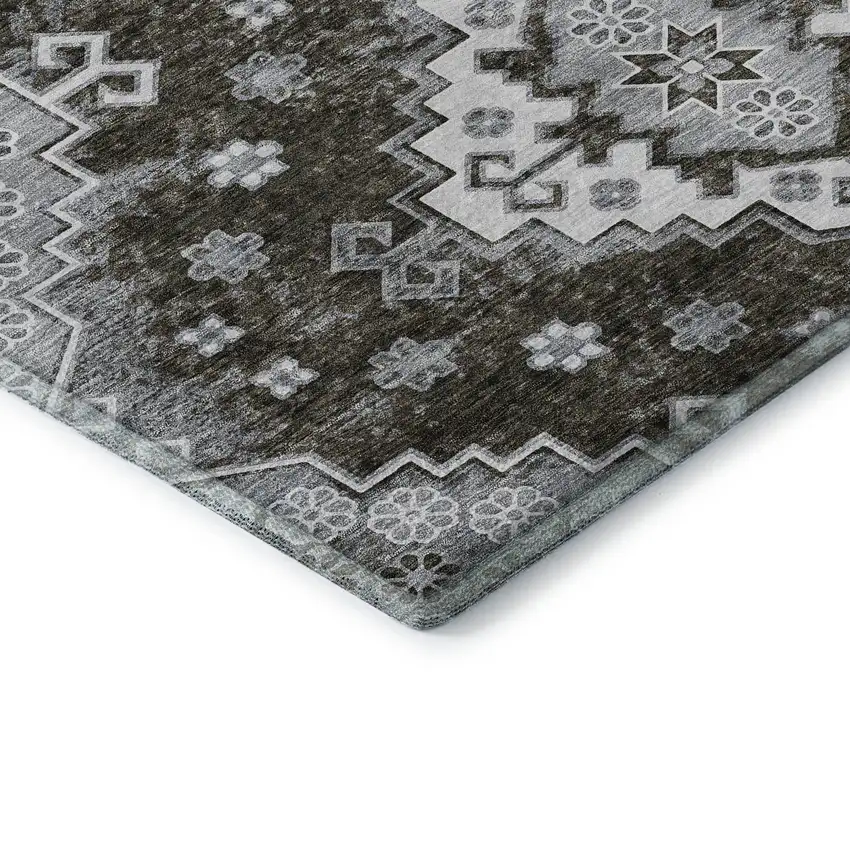 Chocolate Gray And Ivory Medallion Washable Area Rug With UV Protection Photo 8