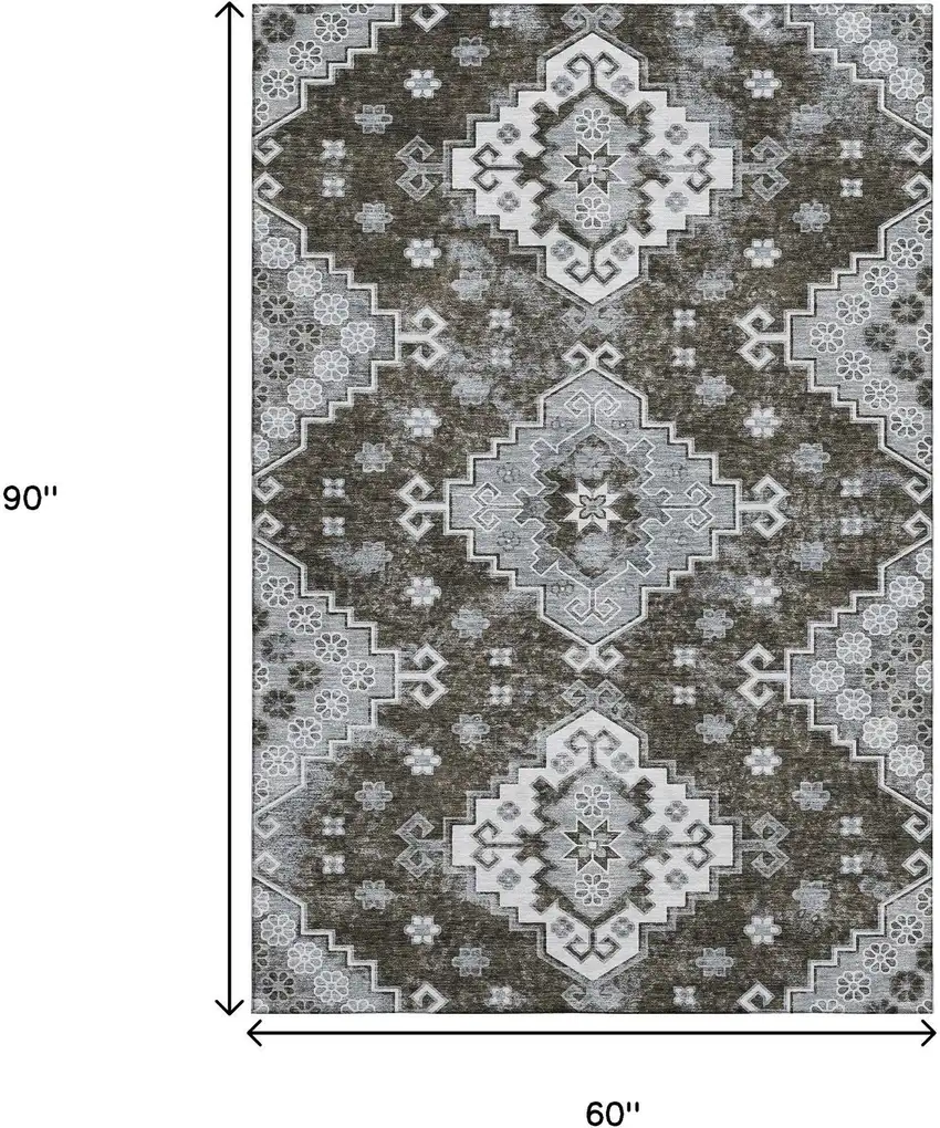 Chocolate Gray And Ivory Medallion Washable Area Rug With UV Protection Photo 3