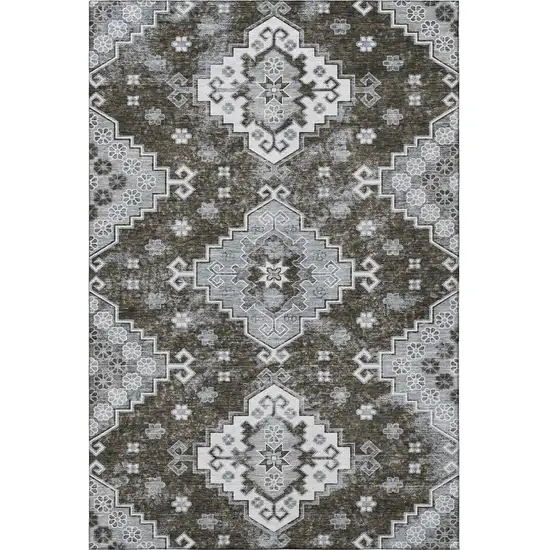 Chocolate Gray And Ivory Medallion Washable Area Rug With UV Protection Photo 3