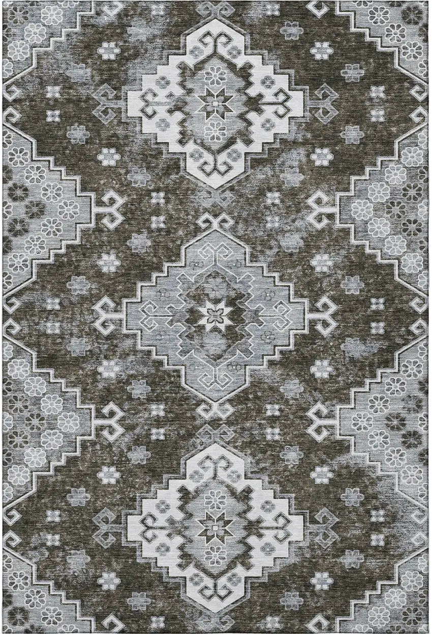 Chocolate Gray And Ivory Medallion Washable Area Rug With UV Protection Photo 3