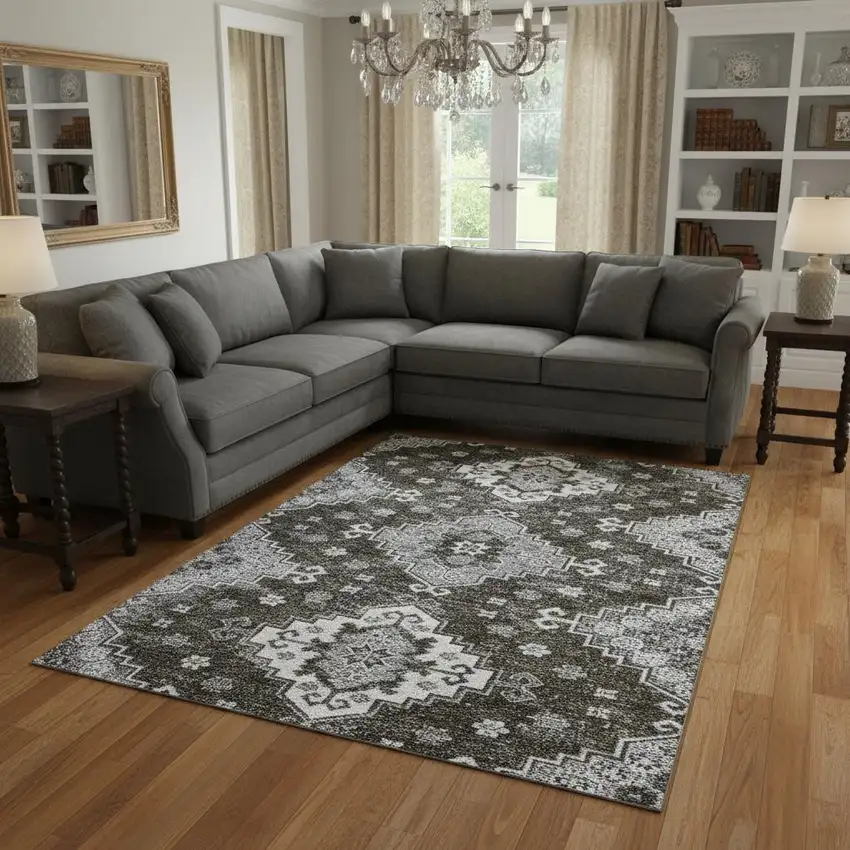 Chocolate Gray And Ivory Medallion Washable Area Rug With UV Protection Photo 2