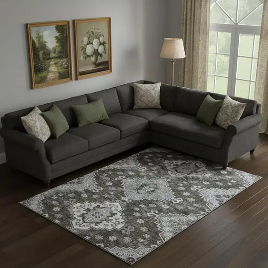 Chocolate Gray And Ivory Medallion Washable Area Rug With UV Protection Photo 1