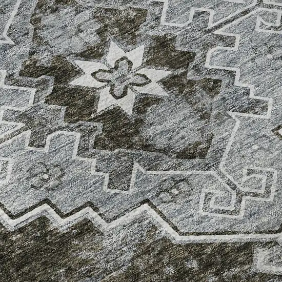 Chocolate Gray And Ivory Medallion Washable Area Rug With UV Protection Photo 9