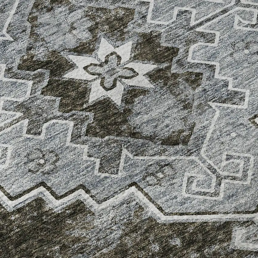 Chocolate Gray And Ivory Medallion Washable Area Rug With UV Protection Photo 9