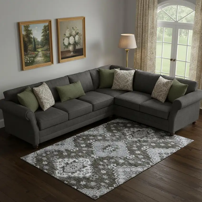 Chocolate Gray And Ivory Medallion Washable Area Rug With UV Protection Photo 1