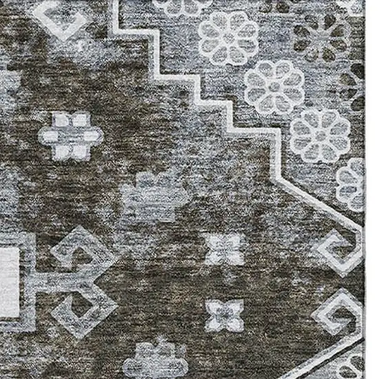 Chocolate Gray And Ivory Medallion Washable Area Rug With UV Protection Photo 4