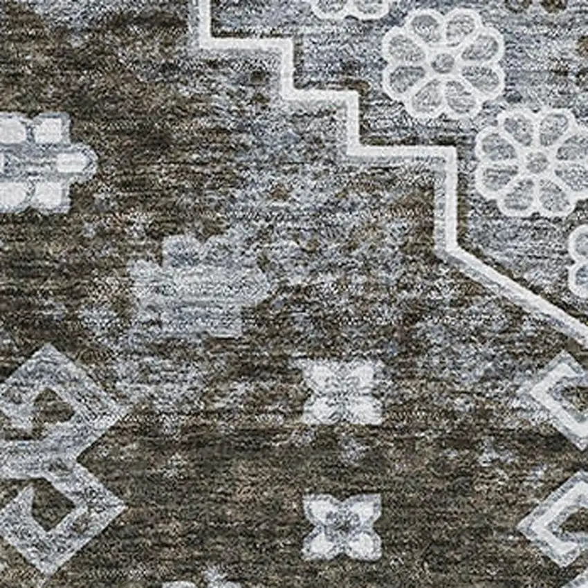 Chocolate Gray And Ivory Medallion Washable Area Rug With UV Protection Photo 3