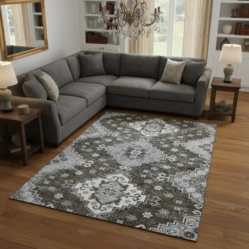 Chocolate Gray And Ivory Medallion Washable Area Rug With UV Protection Photo 2