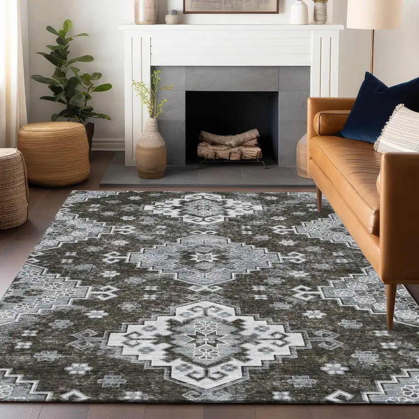 Chocolate Gray And Ivory Medallion Washable Area Rug With UV Protection Photo 6