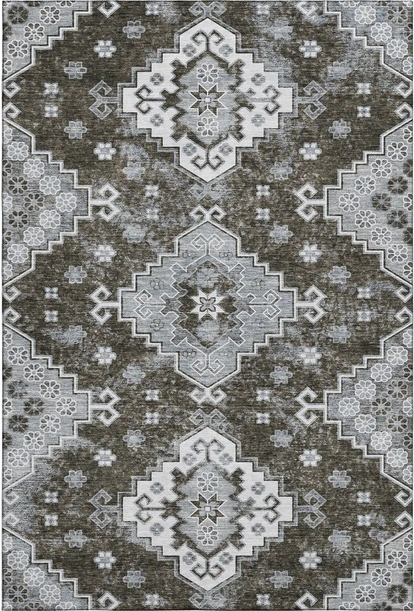 Chocolate Gray And Ivory Medallion Washable Area Rug With UV Protection Photo 1