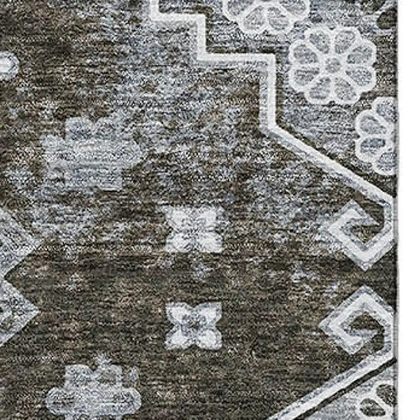 Chocolate Gray And Ivory Medallion Washable Area Rug With UV Protection Photo 3