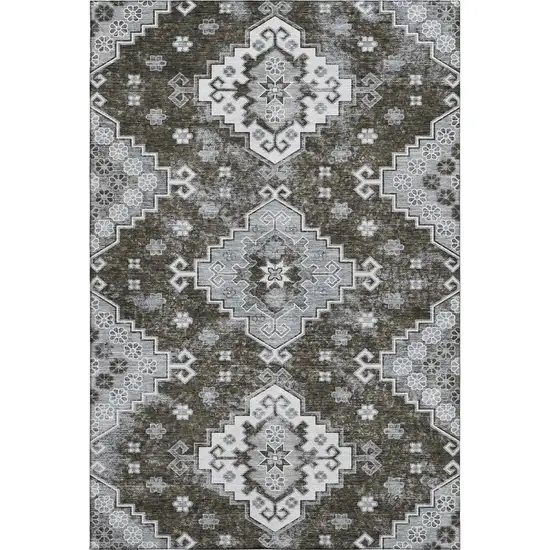 Chocolate Gray And Ivory Medallion Washable Area Rug With UV Protection Photo 1