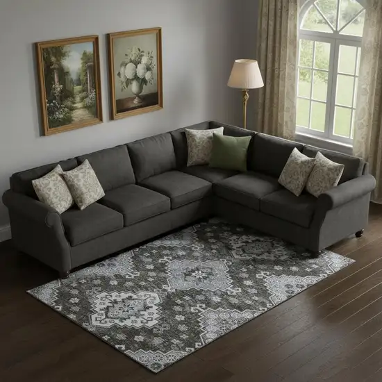 Chocolate Gray And Ivory Medallion Washable Area Rug With UV Protection Photo 1