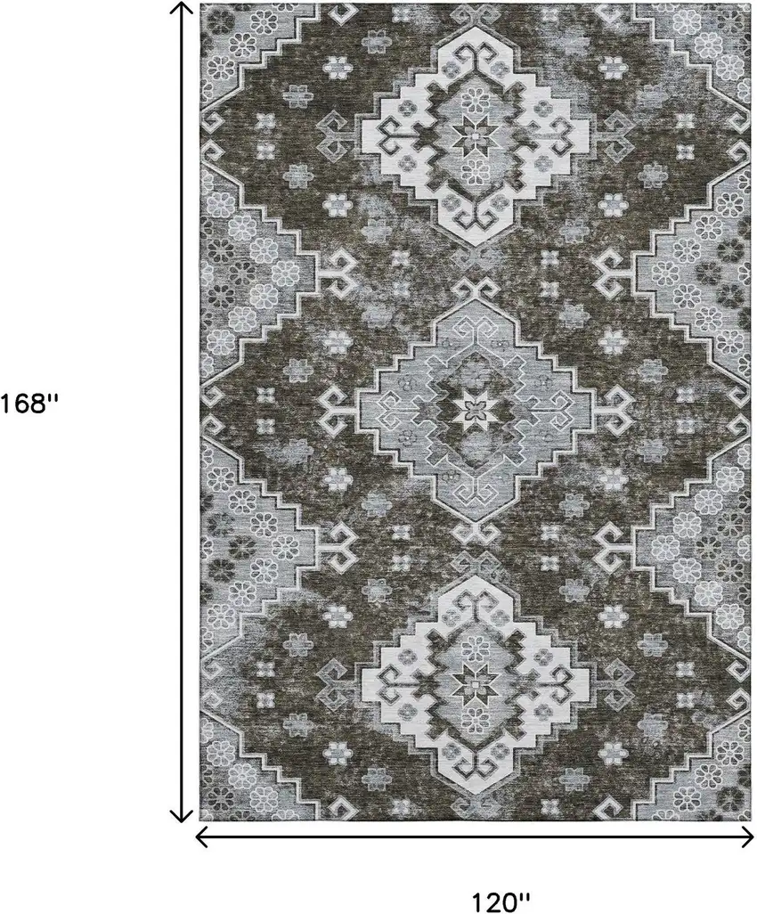 Chocolate Gray And Ivory Medallion Washable Area Rug With UV Protection Photo 3