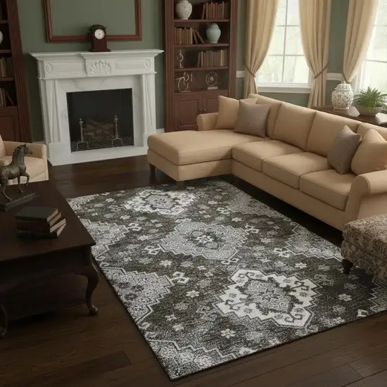 Chocolate Gray And Ivory Medallion Washable Area Rug With UV Protection Photo 2