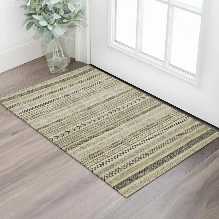 Chocolate Gray And Ivory Striped Washable Area Rug With UV Protection Photo 2
