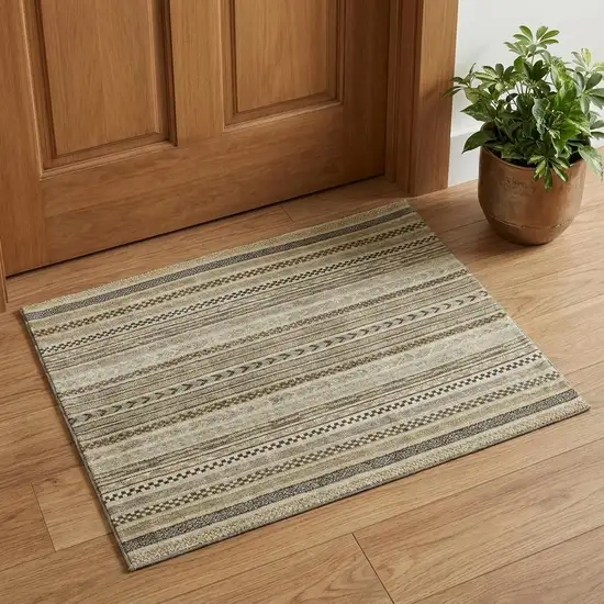 Chocolate Gray And Ivory Striped Washable Area Rug With UV Protection Photo 1