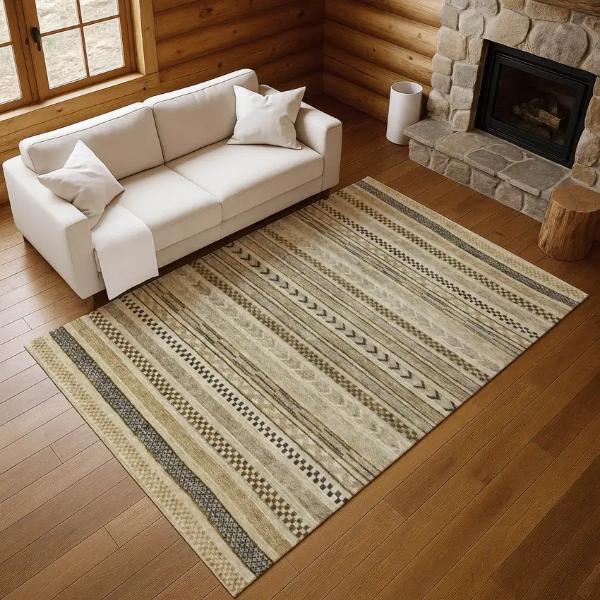 Chocolate Gray And Ivory Striped Washable Area Rug With UV Protection Photo 5