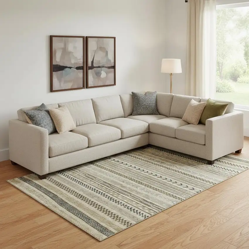 Chocolate Gray And Ivory Striped Washable Area Rug With UV Protection Photo 2