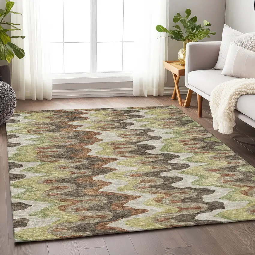 Chocolate Green And Beige Abstract Washable Area Rug With UV Protection Photo 4