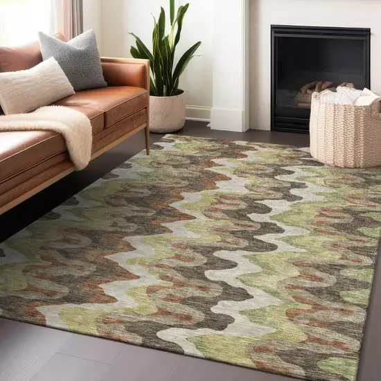 Chocolate Green And Beige Abstract Washable Area Rug With UV Protection Photo 5