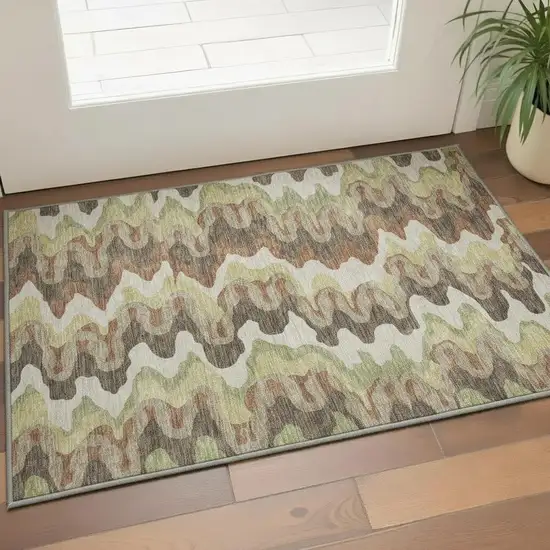 Chocolate Green And Beige Abstract Washable Area Rug With UV Protection Photo 2