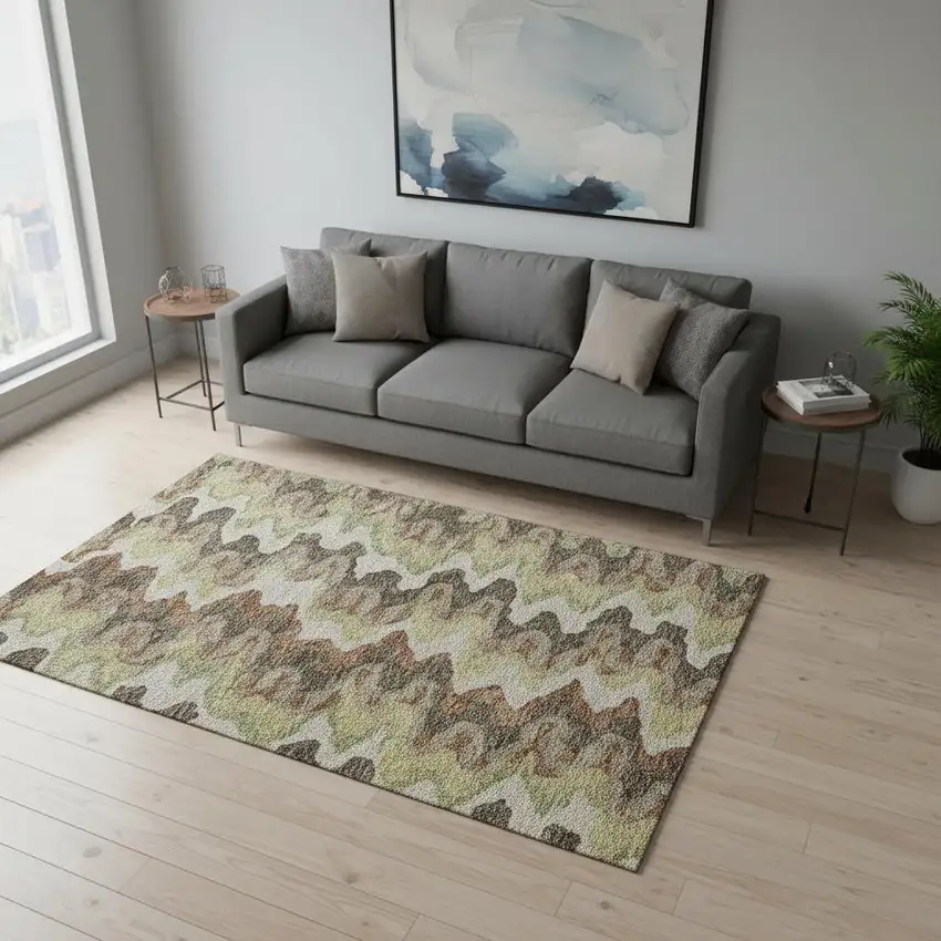 Chocolate Green And Beige Abstract Washable Area Rug With UV Protection Photo 2